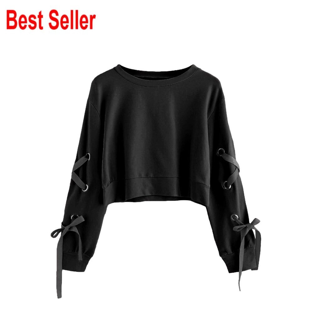 Polyester Crop Top Sweatshirt Lace Up Long Sleeve Casual Pullover